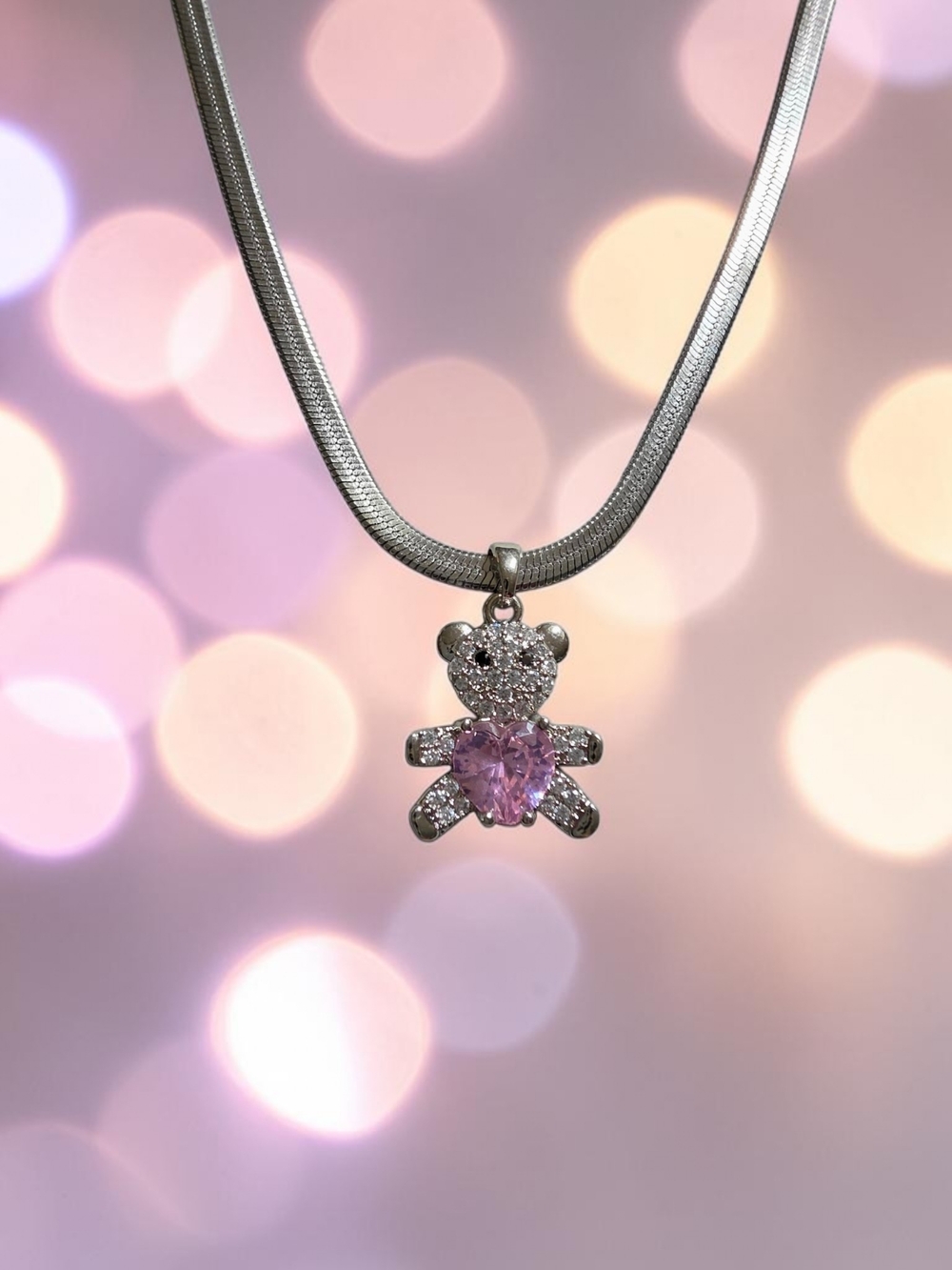Silver Teddy Pendant Necklace with Pink Heart Gem
